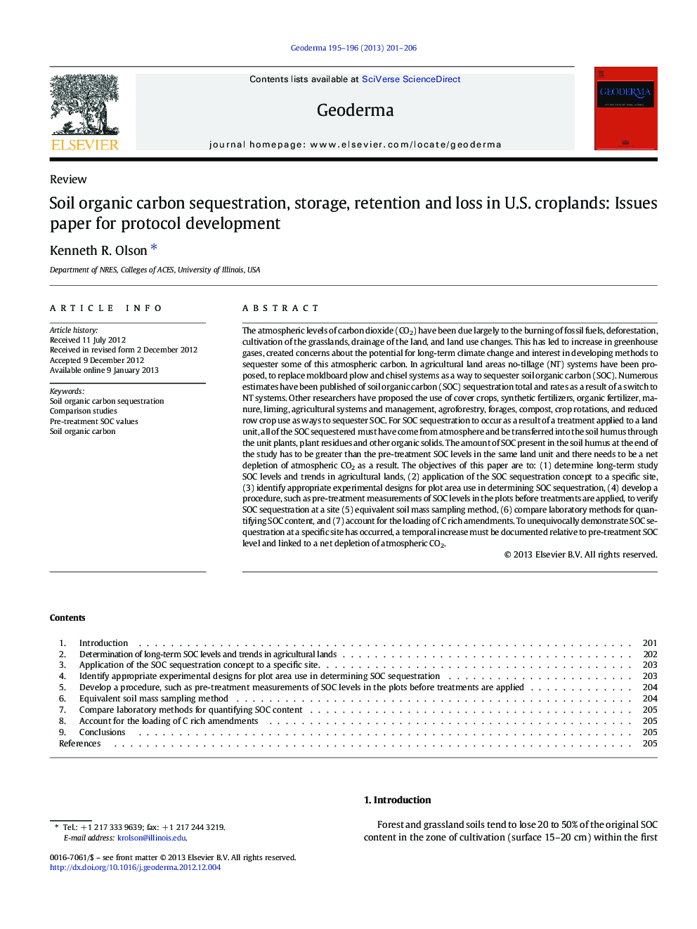 Soil organic carbon sequestration, storage, retention and loss in U.S. croplands: Issues paper for protocol development