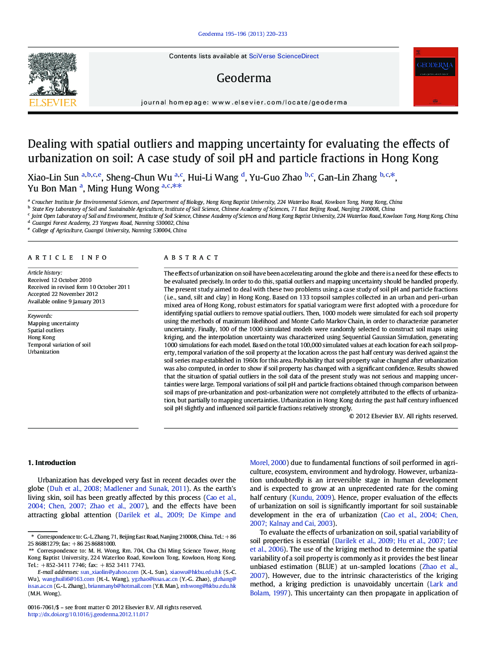 Dealing with spatial outliers and mapping uncertainty for evaluating the effects of urbanization on soil: A case study of soil pH and particle fractions in Hong Kong