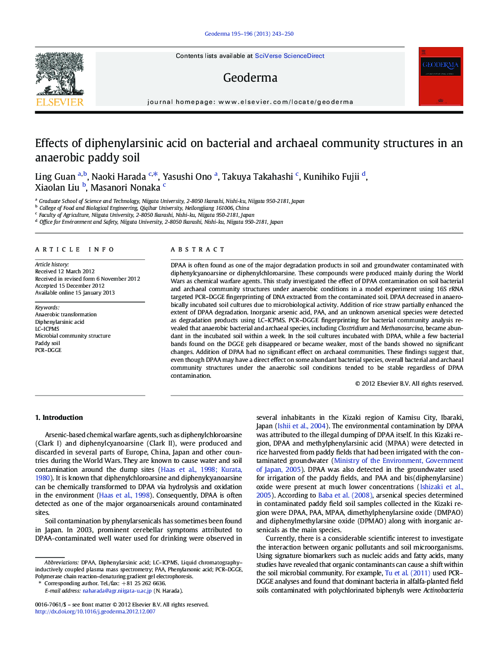 Effects of diphenylarsinic acid on bacterial and archaeal community structures in an anaerobic paddy soil