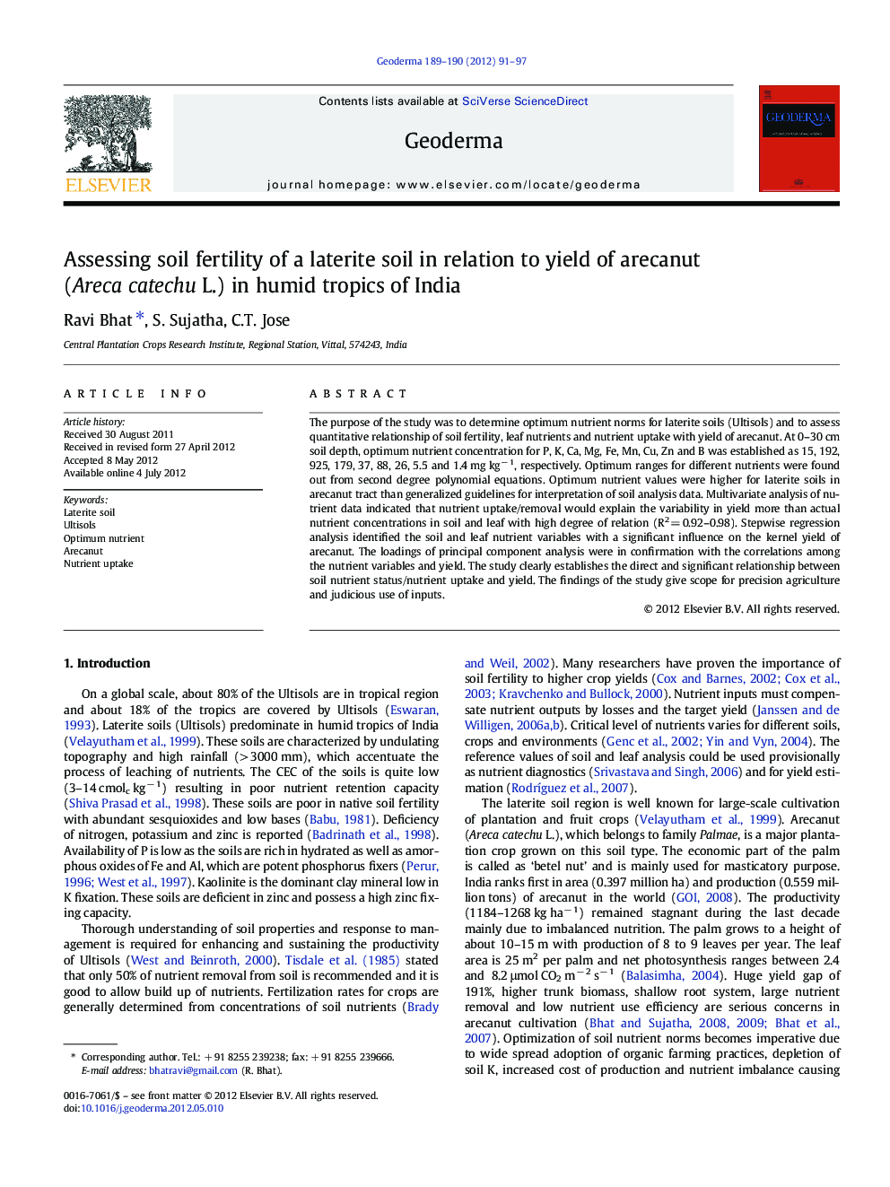 Assessing soil fertility of a laterite soil in relation to yield of arecanut (Areca catechu L.) in humid tropics of India