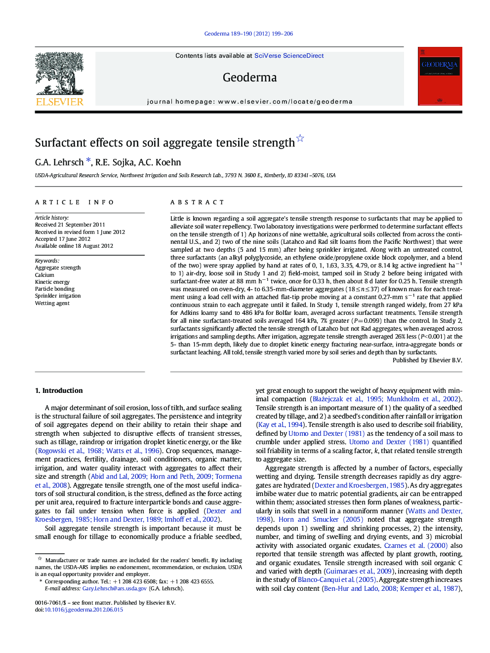 Surfactant effects on soil aggregate tensile strength 