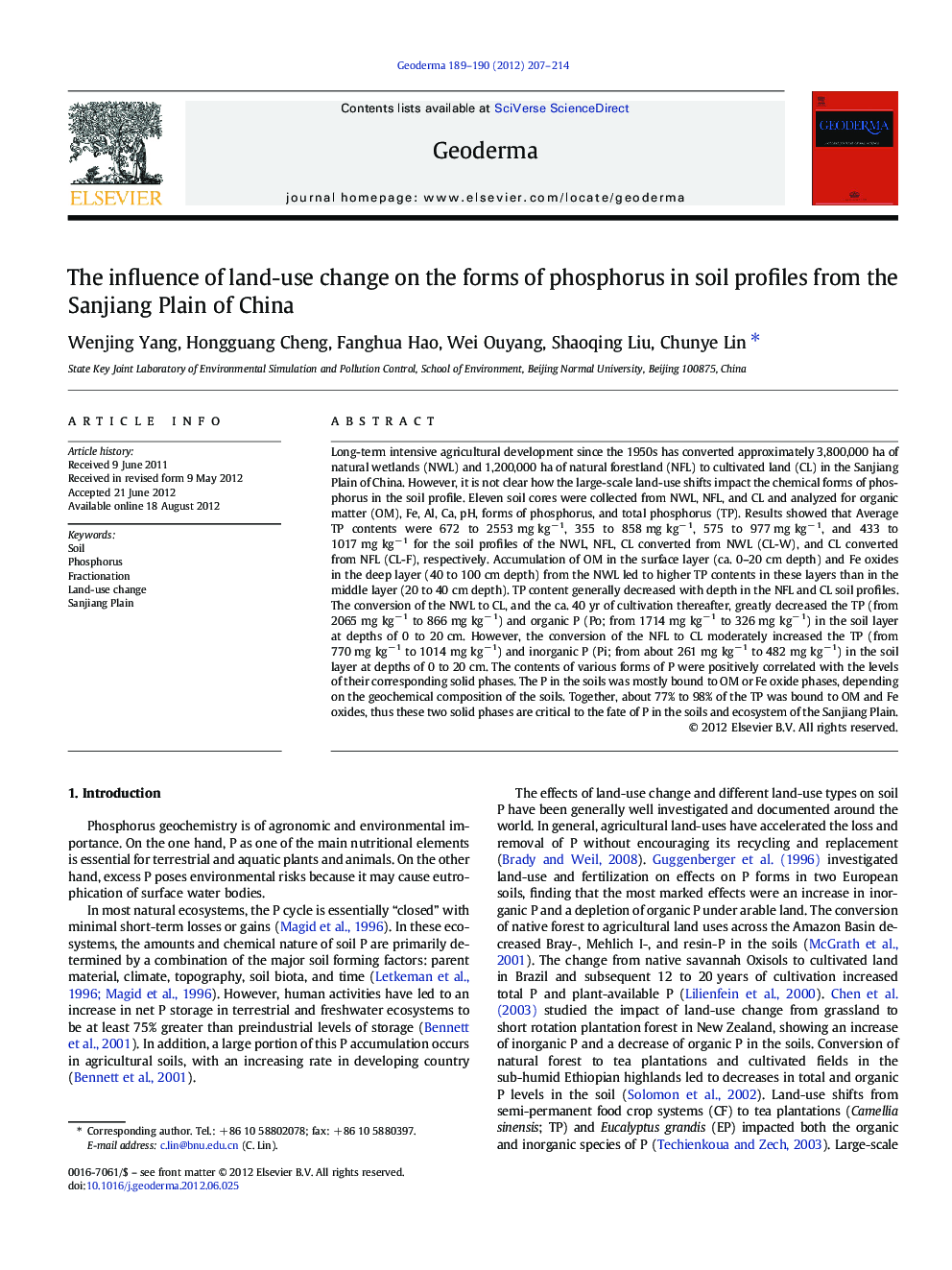 The influence of land-use change on the forms of phosphorus in soil profiles from the Sanjiang Plain of China