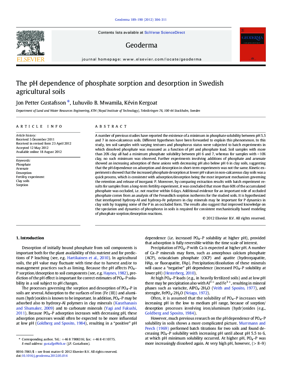 The pH dependence of phosphate sorption and desorption in Swedish agricultural soils