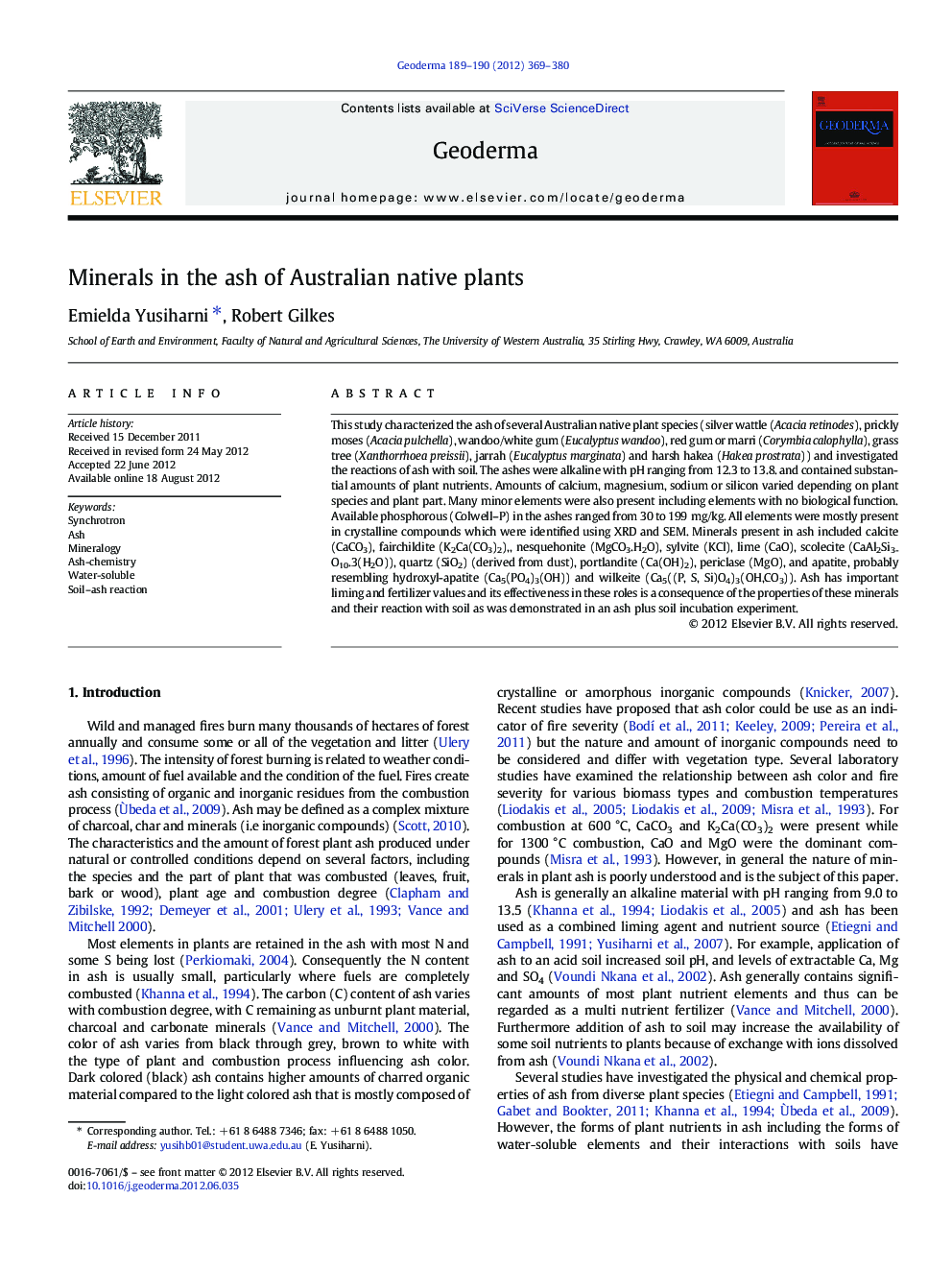 Minerals in the ash of Australian native plants