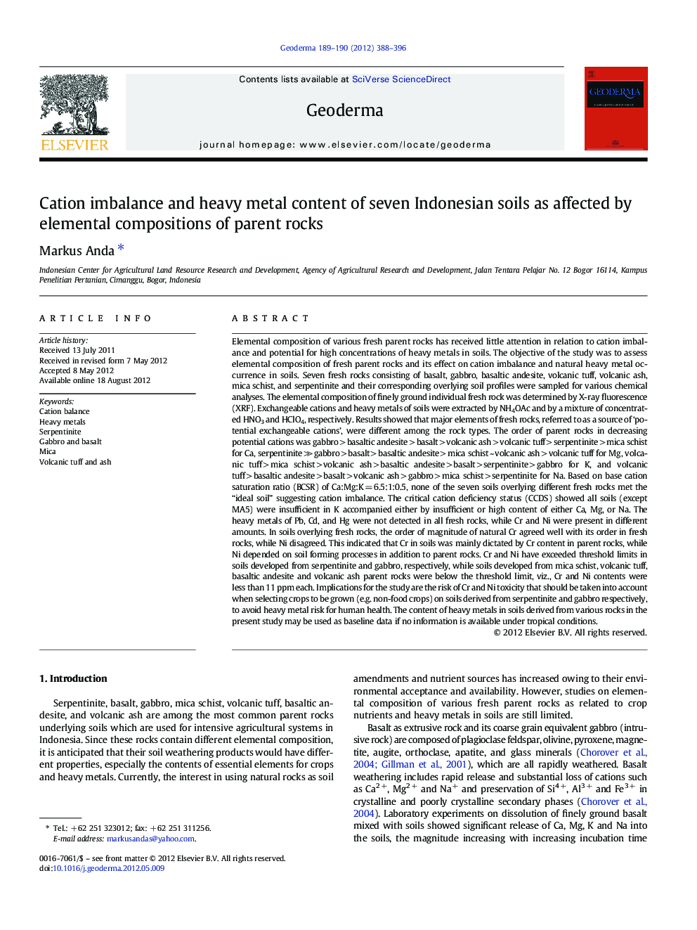 Cation imbalance and heavy metal content of seven Indonesian soils as affected by elemental compositions of parent rocks