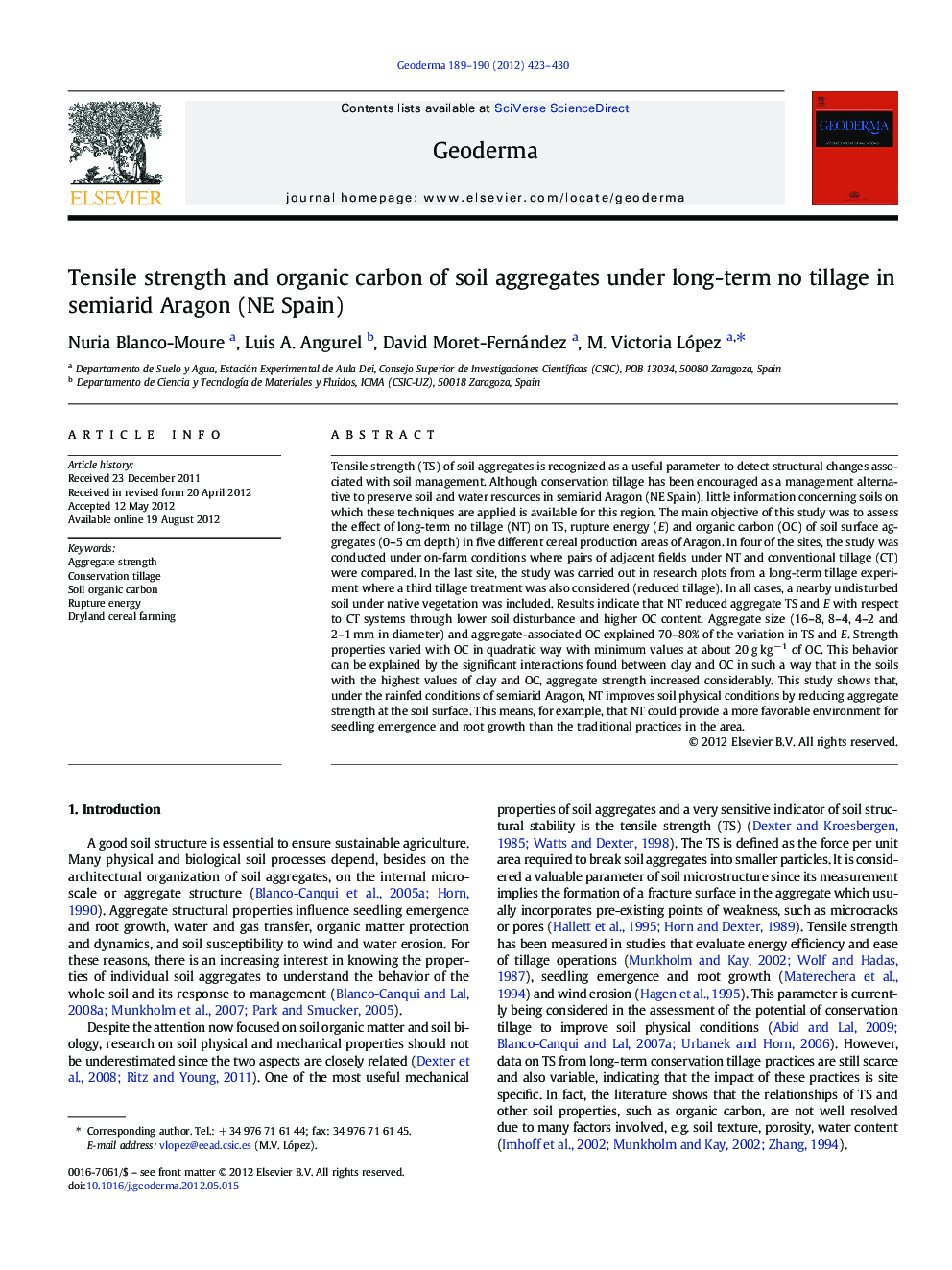 Tensile strength and organic carbon of soil aggregates under long-term no tillage in semiarid Aragon (NE Spain)