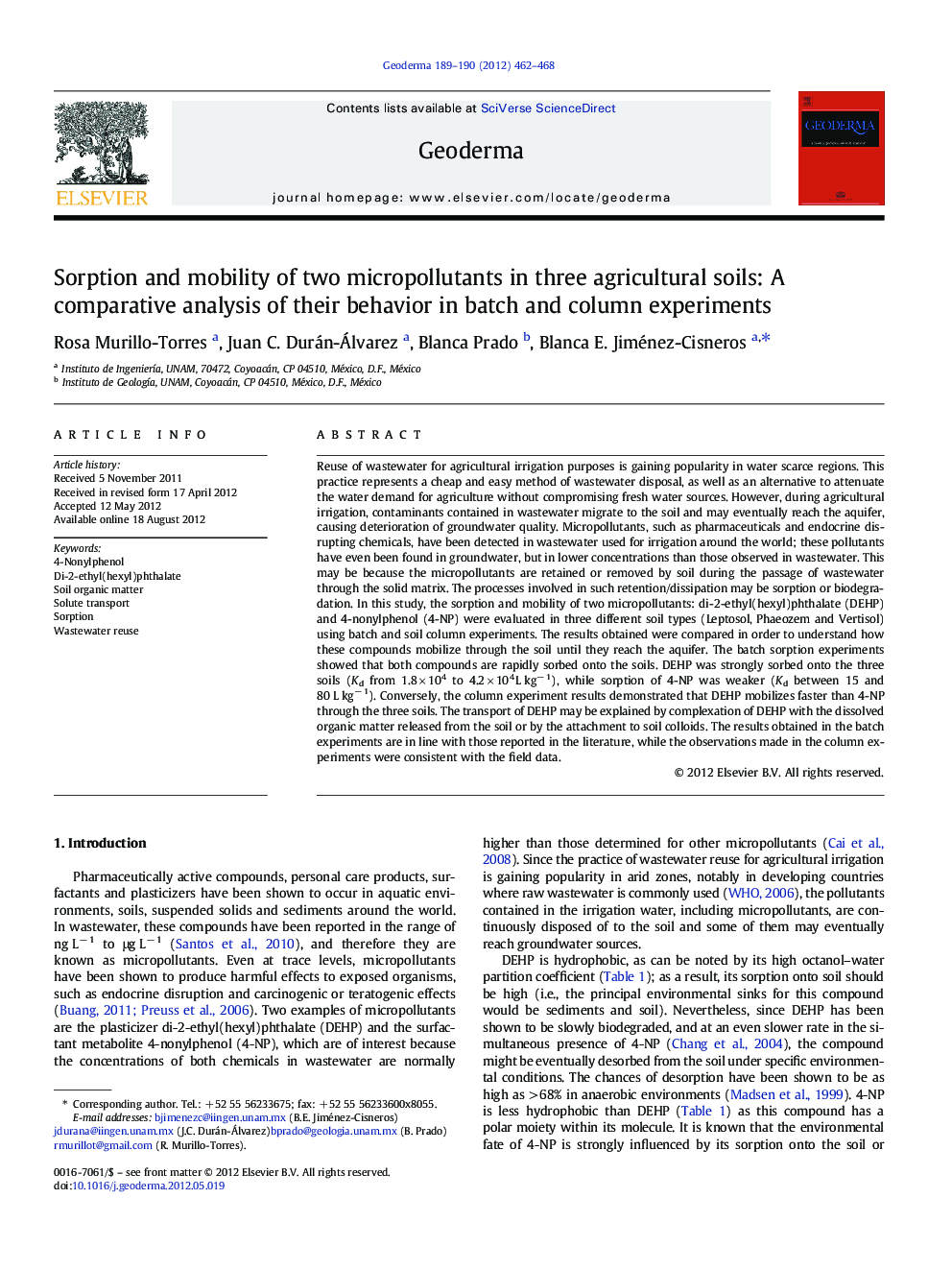 Sorption and mobility of two micropollutants in three agricultural soils: A comparative analysis of their behavior in batch and column experiments