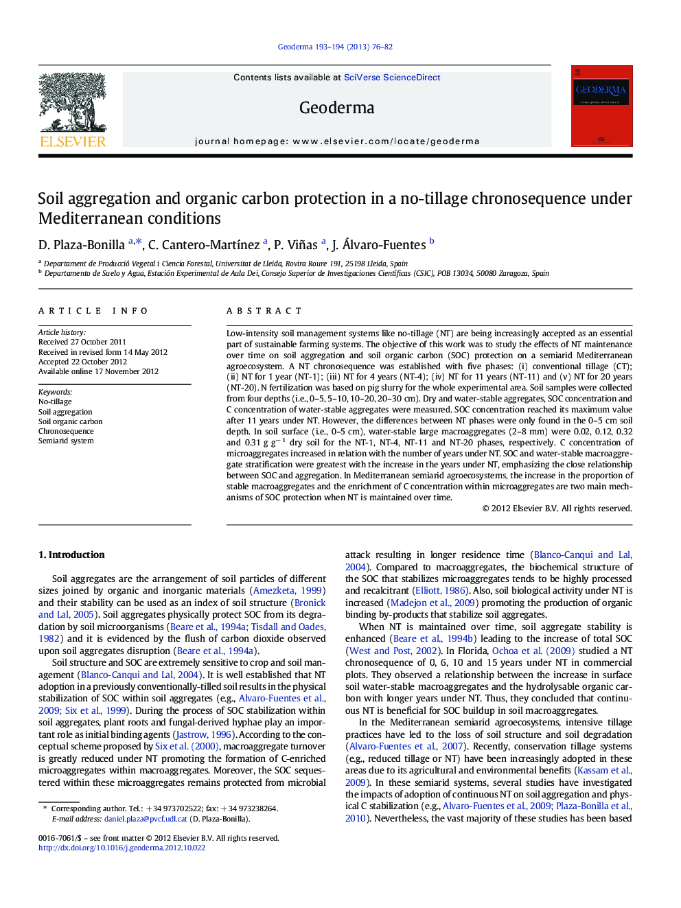 Soil aggregation and organic carbon protection in a no-tillage chronosequence under Mediterranean conditions