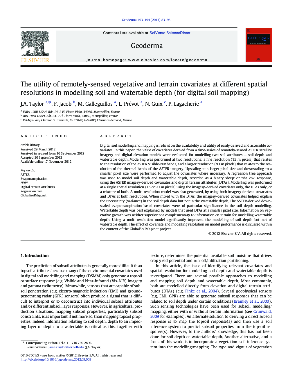 The utility of remotely-sensed vegetative and terrain covariates at different spatial resolutions in modelling soil and watertable depth (for digital soil mapping)