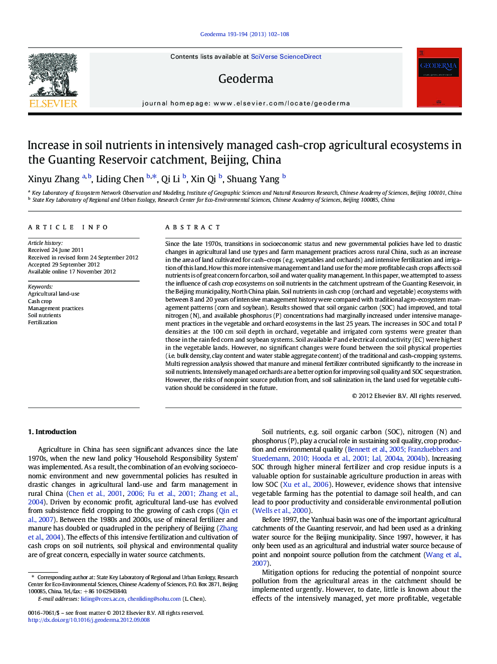 Increase in soil nutrients in intensively managed cash-crop agricultural ecosystems in the Guanting Reservoir catchment, Beijing, China