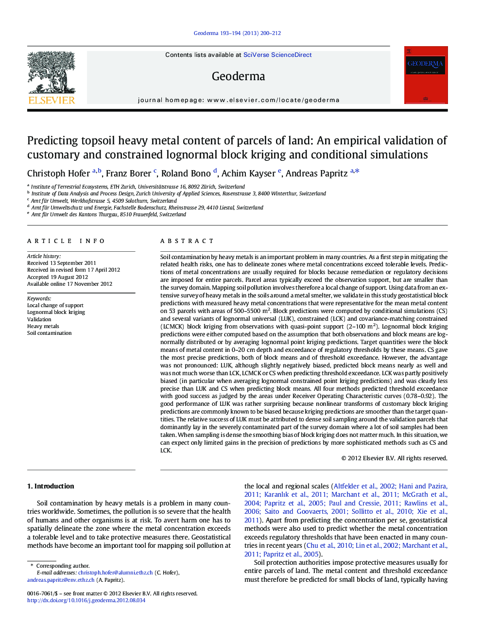 Predicting topsoil heavy metal content of parcels of land: An empirical validation of customary and constrained lognormal block kriging and conditional simulations