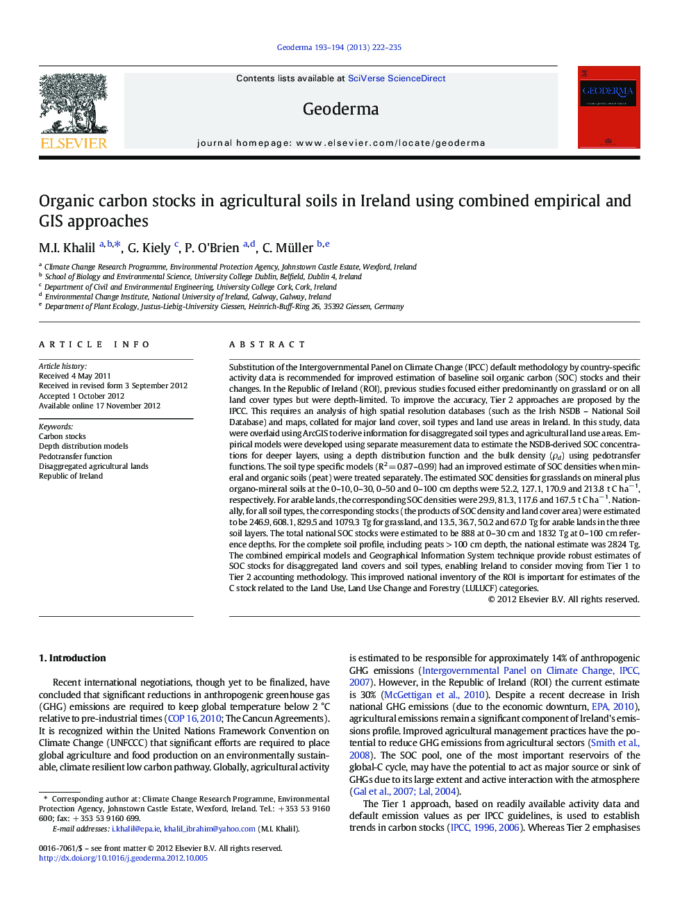 Organic carbon stocks in agricultural soils in Ireland using combined empirical and GIS approaches