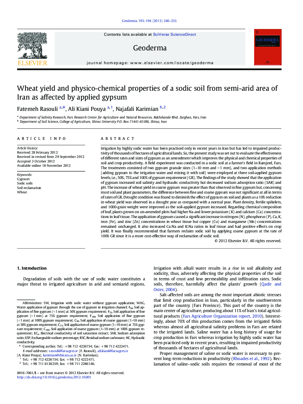 Wheat yield and physico-chemical properties of a sodic soil from semi-arid area of Iran as affected by applied gypsum