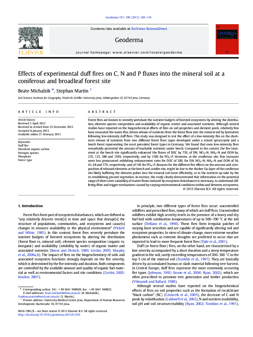 Effects of experimental duff fires on C, N and P fluxes into the mineral soil at a coniferous and broadleaf forest site