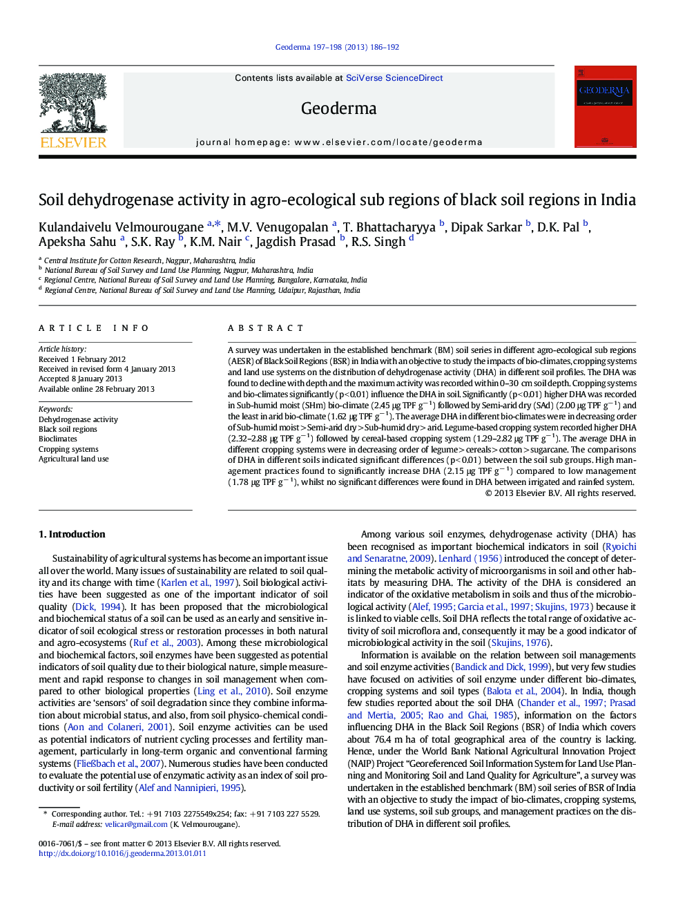 Soil dehydrogenase activity in agro-ecological sub regions of black soil regions in India