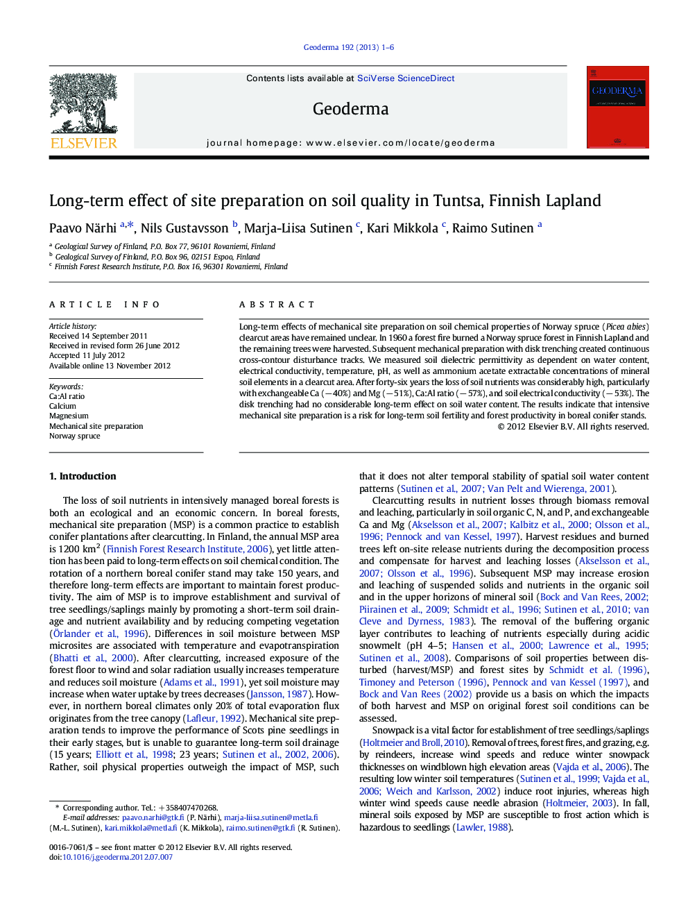 Long-term effect of site preparation on soil quality in Tuntsa, Finnish Lapland