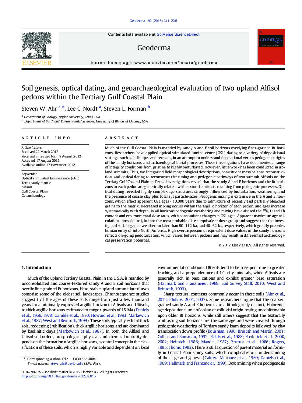 Soil genesis, optical dating, and geoarchaeological evaluation of two upland Alfisol pedons within the Tertiary Gulf Coastal Plain