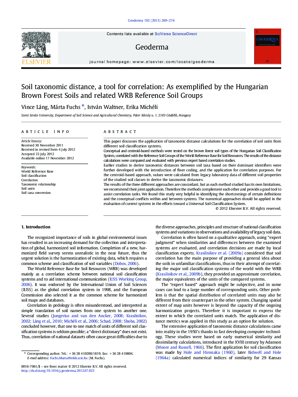 Soil taxonomic distance, a tool for correlation: As exemplified by the Hungarian Brown Forest Soils and related WRB Reference Soil Groups