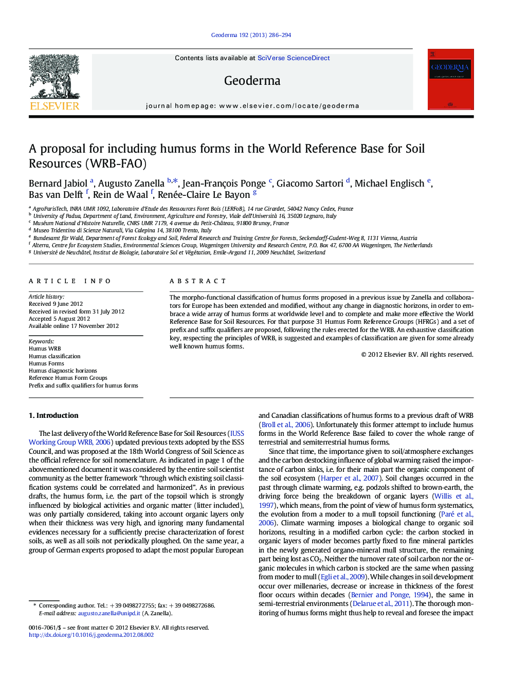 A proposal for including humus forms in the World Reference Base for Soil Resources (WRB-FAO)