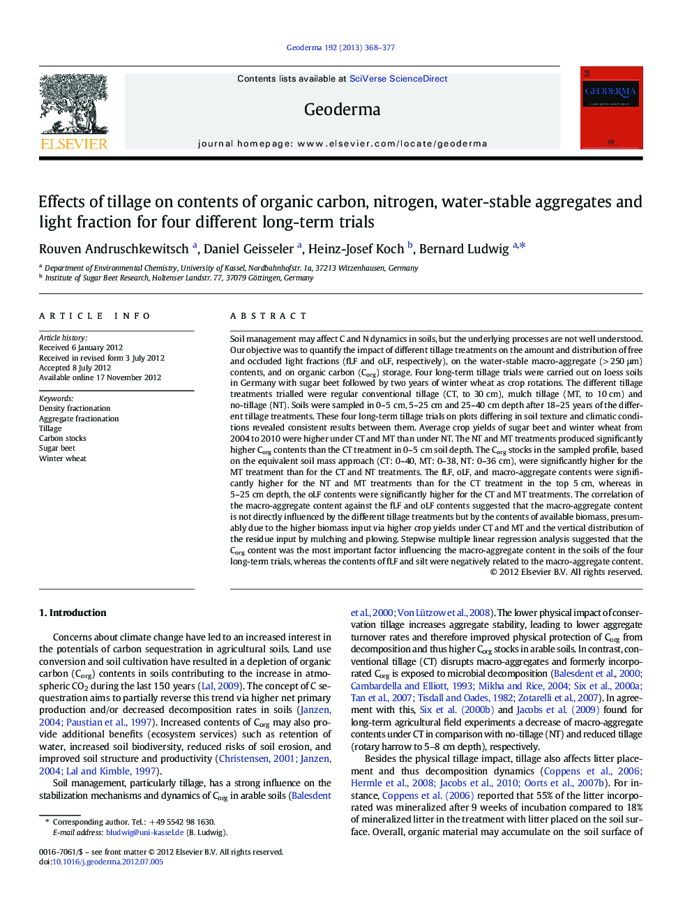 Effects of tillage on contents of organic carbon, nitrogen, water-stable aggregates and light fraction for four different long-term trials