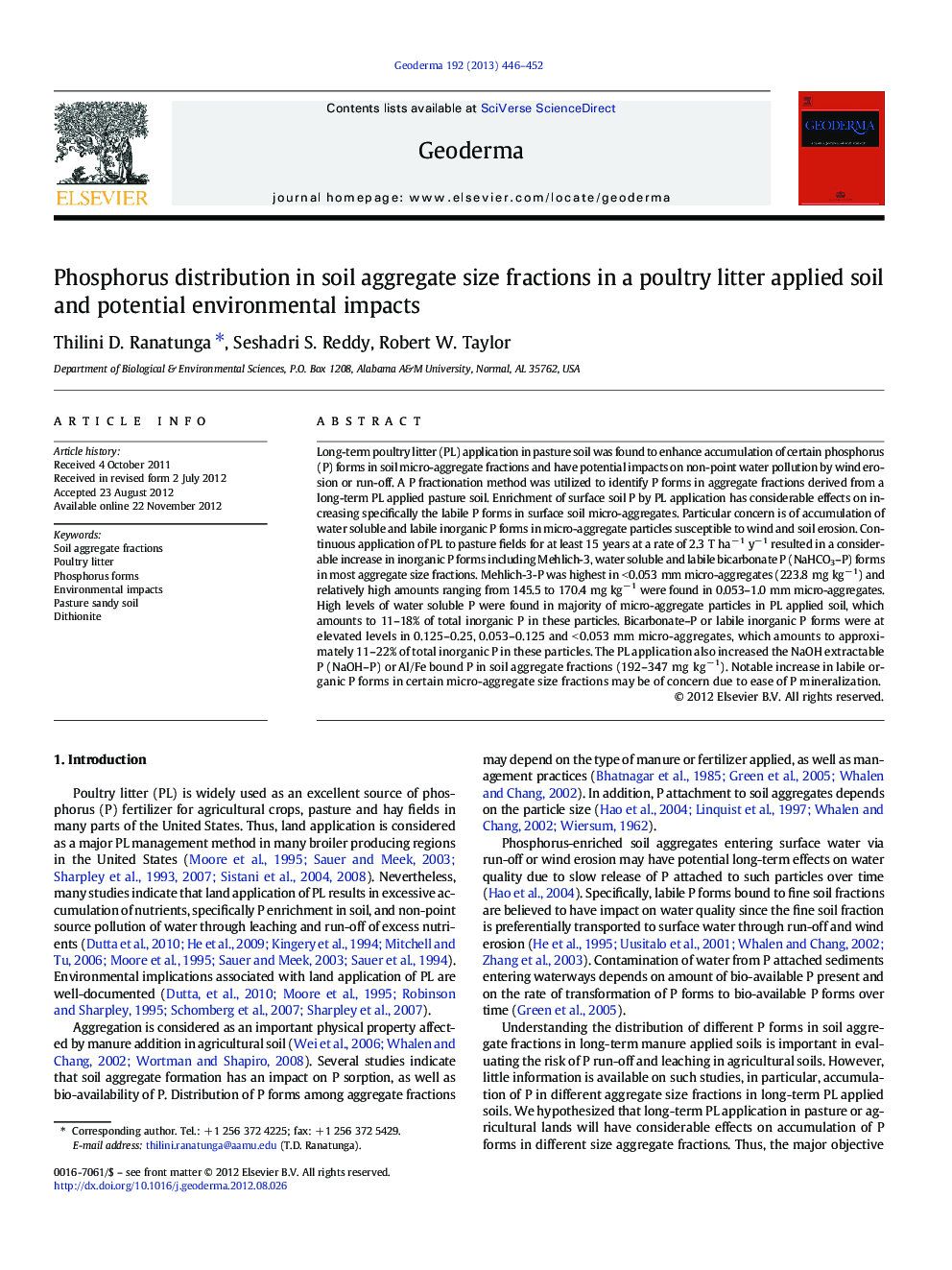 Phosphorus distribution in soil aggregate size fractions in a poultry litter applied soil and potential environmental impacts