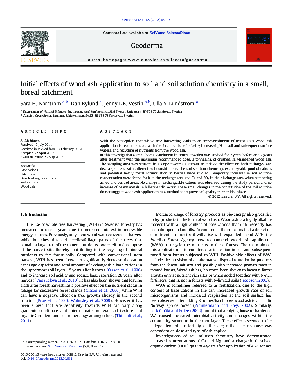 Initial effects of wood ash application to soil and soil solution chemistry in a small, boreal catchment