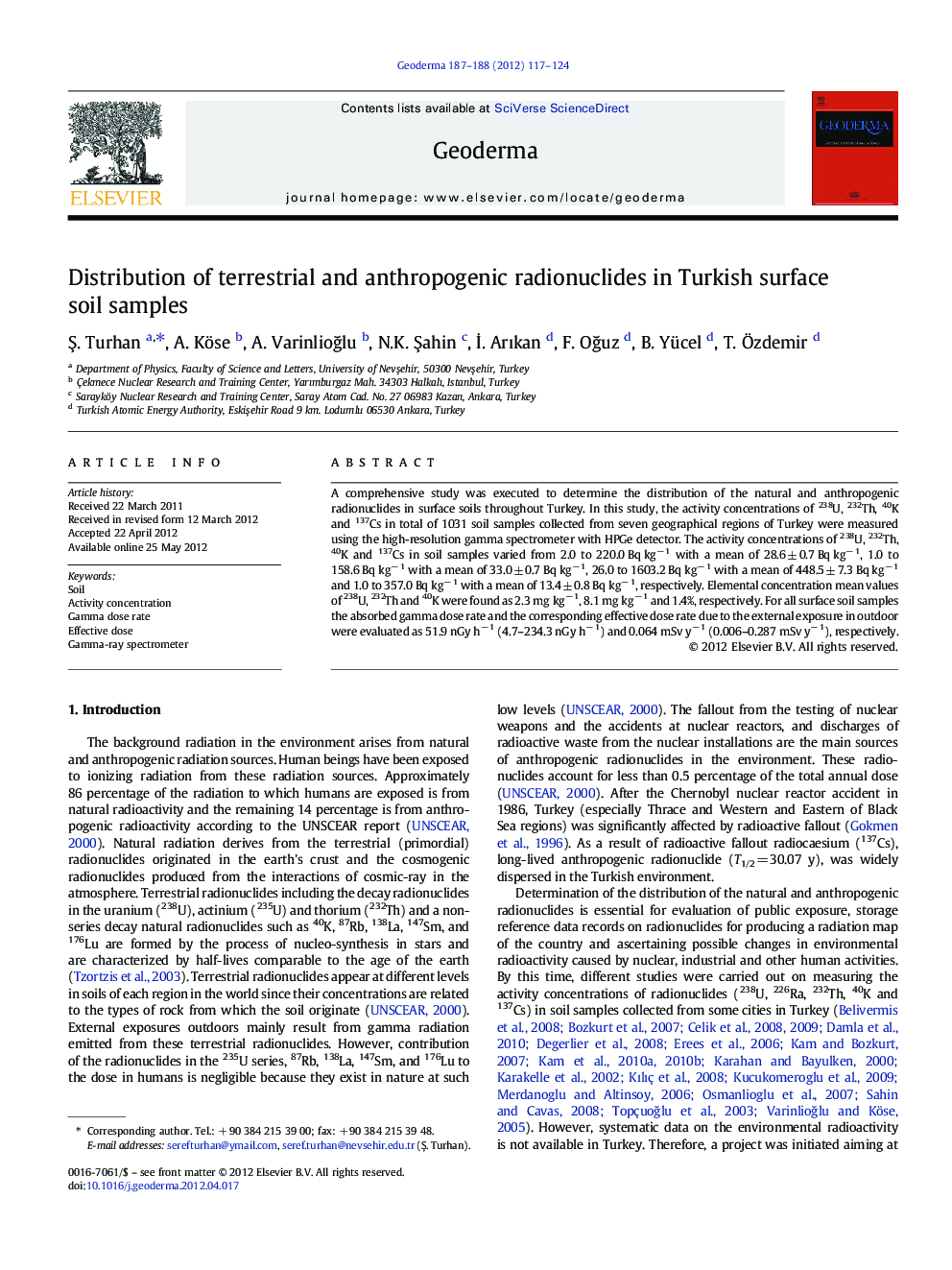 Distribution of terrestrial and anthropogenic radionuclides in Turkish surface soil samples