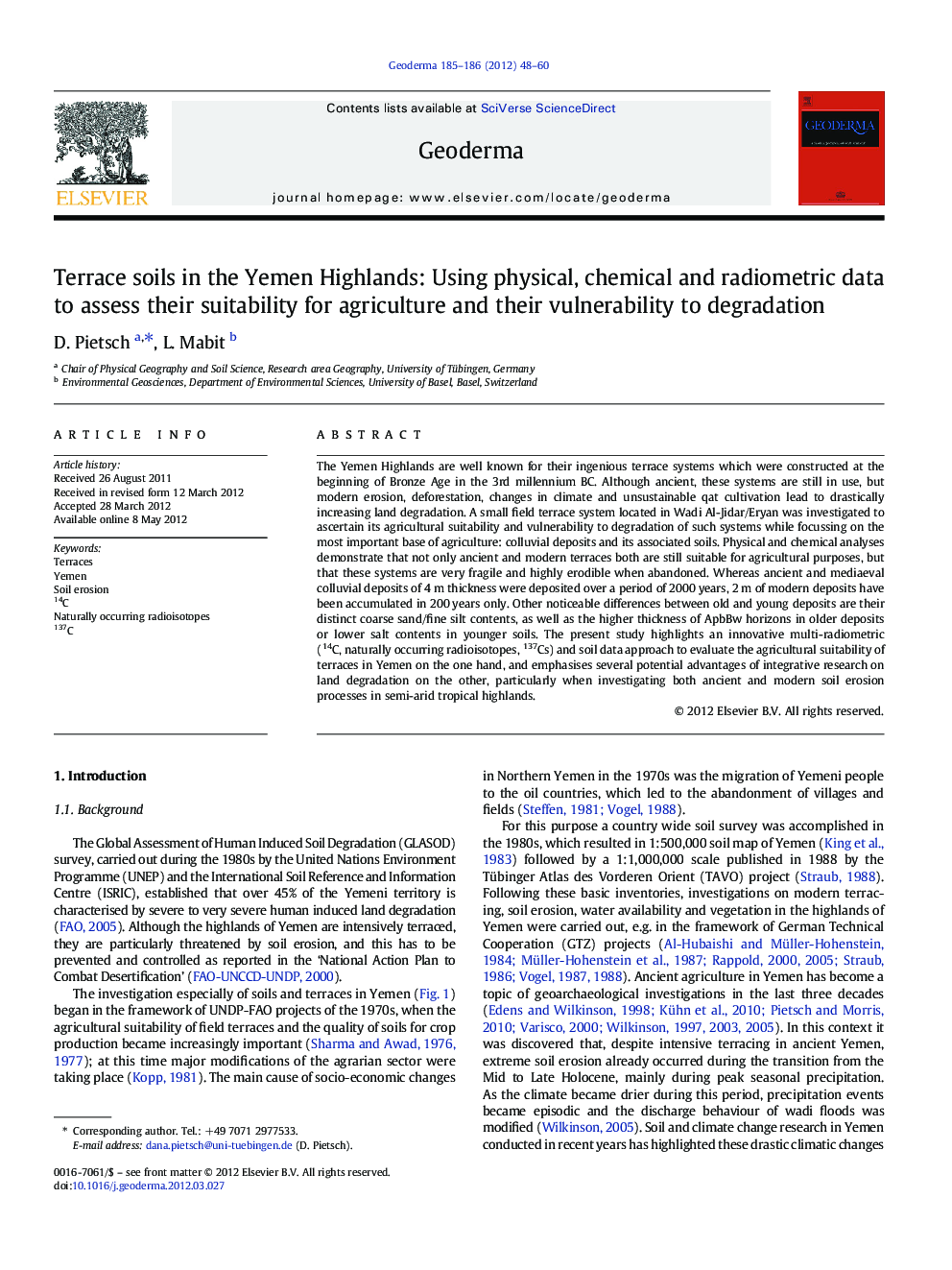 Terrace soils in the Yemen Highlands: Using physical, chemical and radiometric data to assess their suitability for agriculture and their vulnerability to degradation