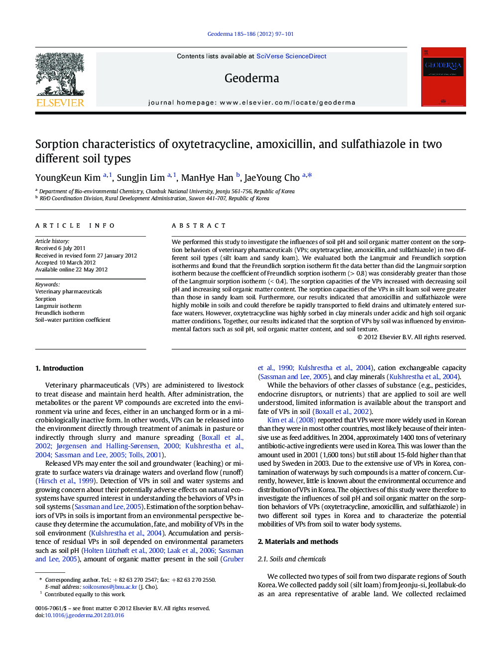 Sorption characteristics of oxytetracycline, amoxicillin, and sulfathiazole in two different soil types