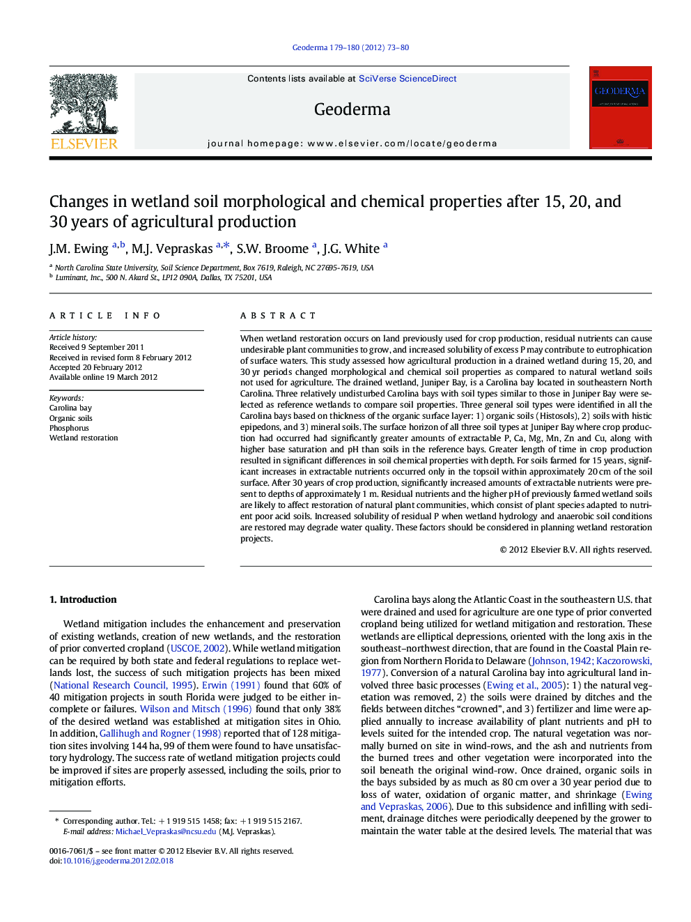 Changes in wetland soil morphological and chemical properties after 15, 20, and 30 years of agricultural production