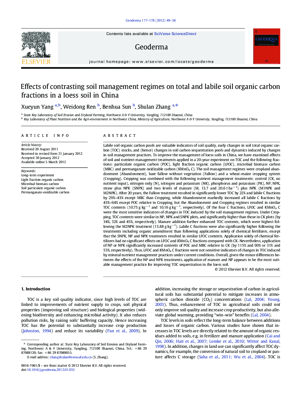 Effects of contrasting soil management regimes on total and labile soil organic carbon fractions in a loess soil in China