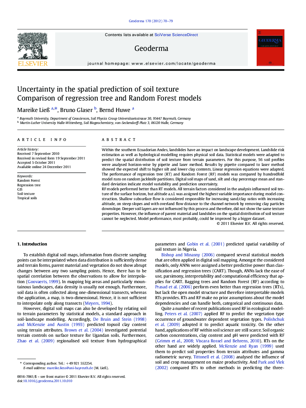 Uncertainty in the spatial prediction of soil texture: Comparison of regression tree and Random Forest models