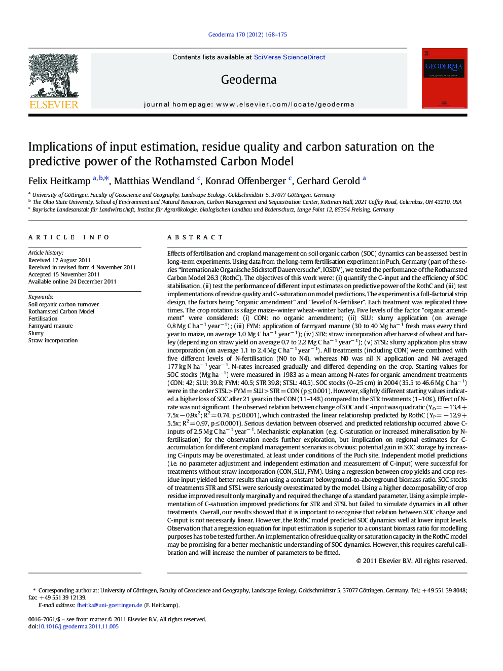 Implications of input estimation, residue quality and carbon saturation on the predictive power of the Rothamsted Carbon Model