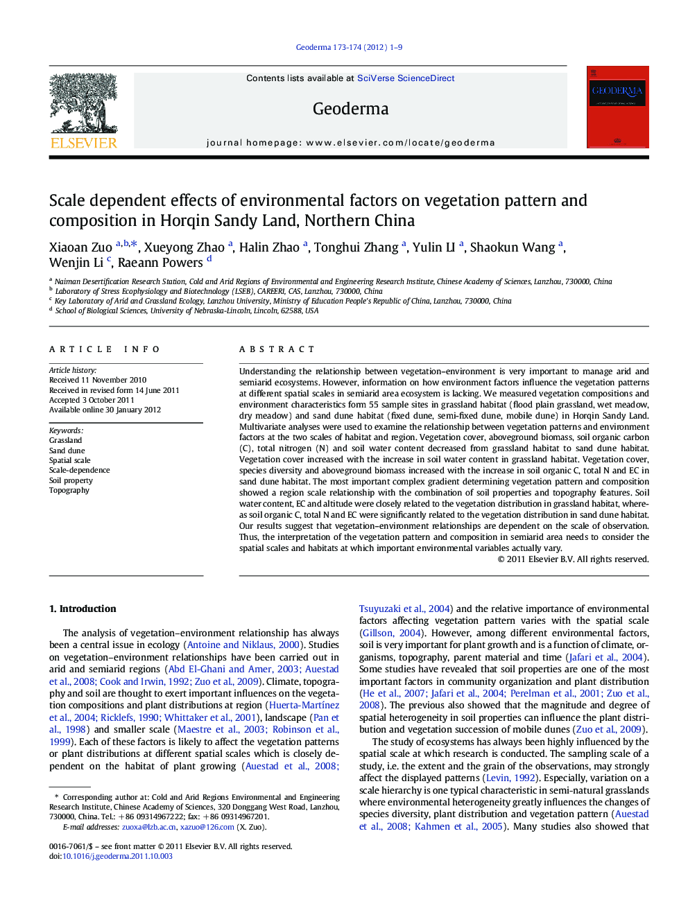 Scale dependent effects of environmental factors on vegetation pattern and composition in Horqin Sandy Land, Northern China