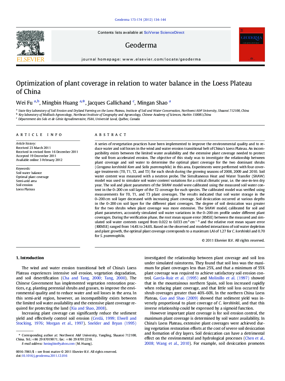 Optimization of plant coverage in relation to water balance in the Loess Plateau of China