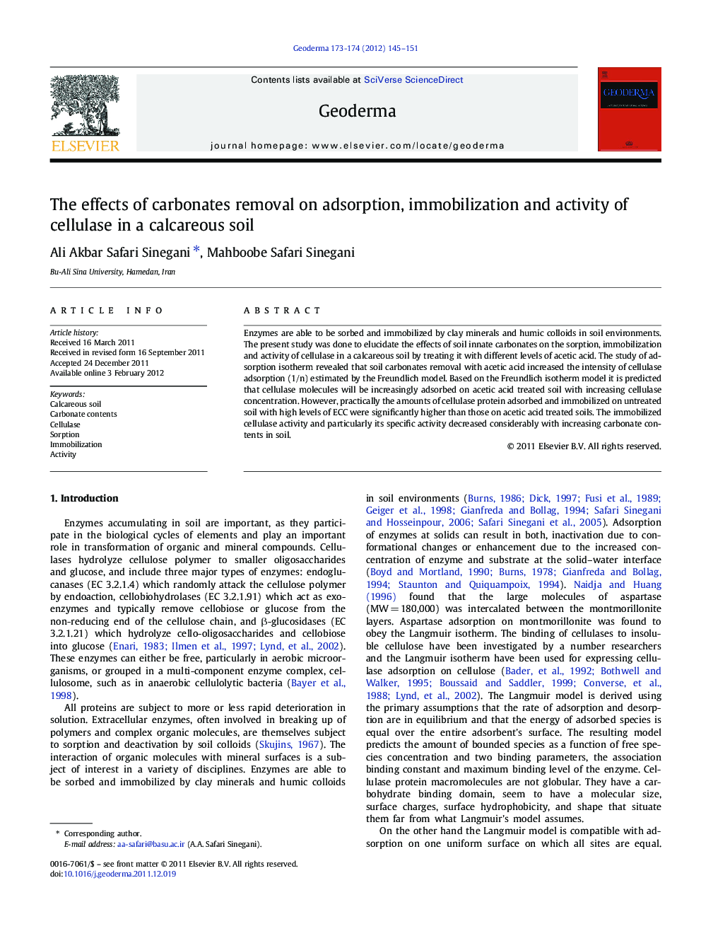 The effects of carbonates removal on adsorption, immobilization and activity of cellulase in a calcareous soil