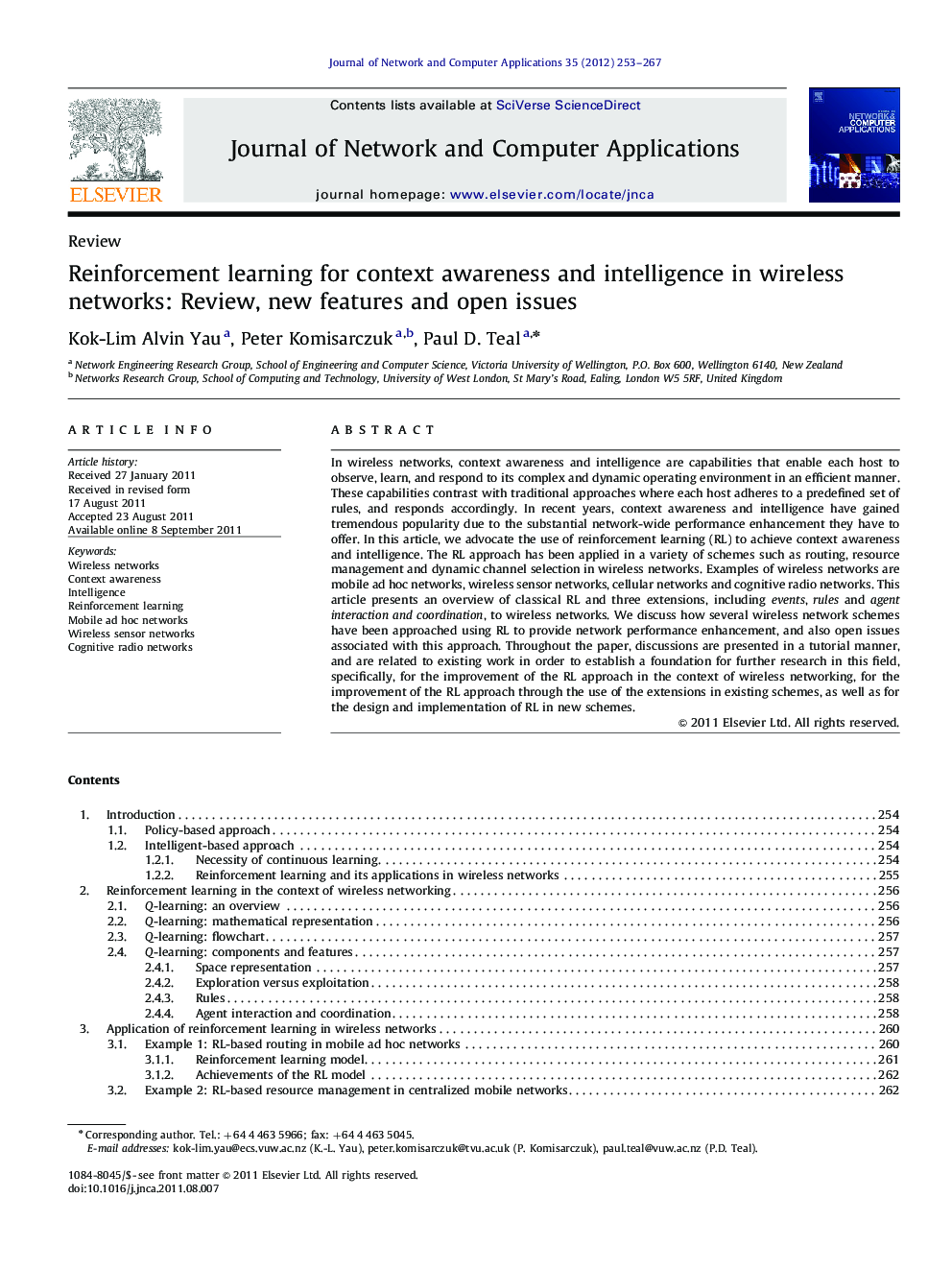 Reinforcement learning for context awareness and intelligence in wireless networks: Review, new features and open issues