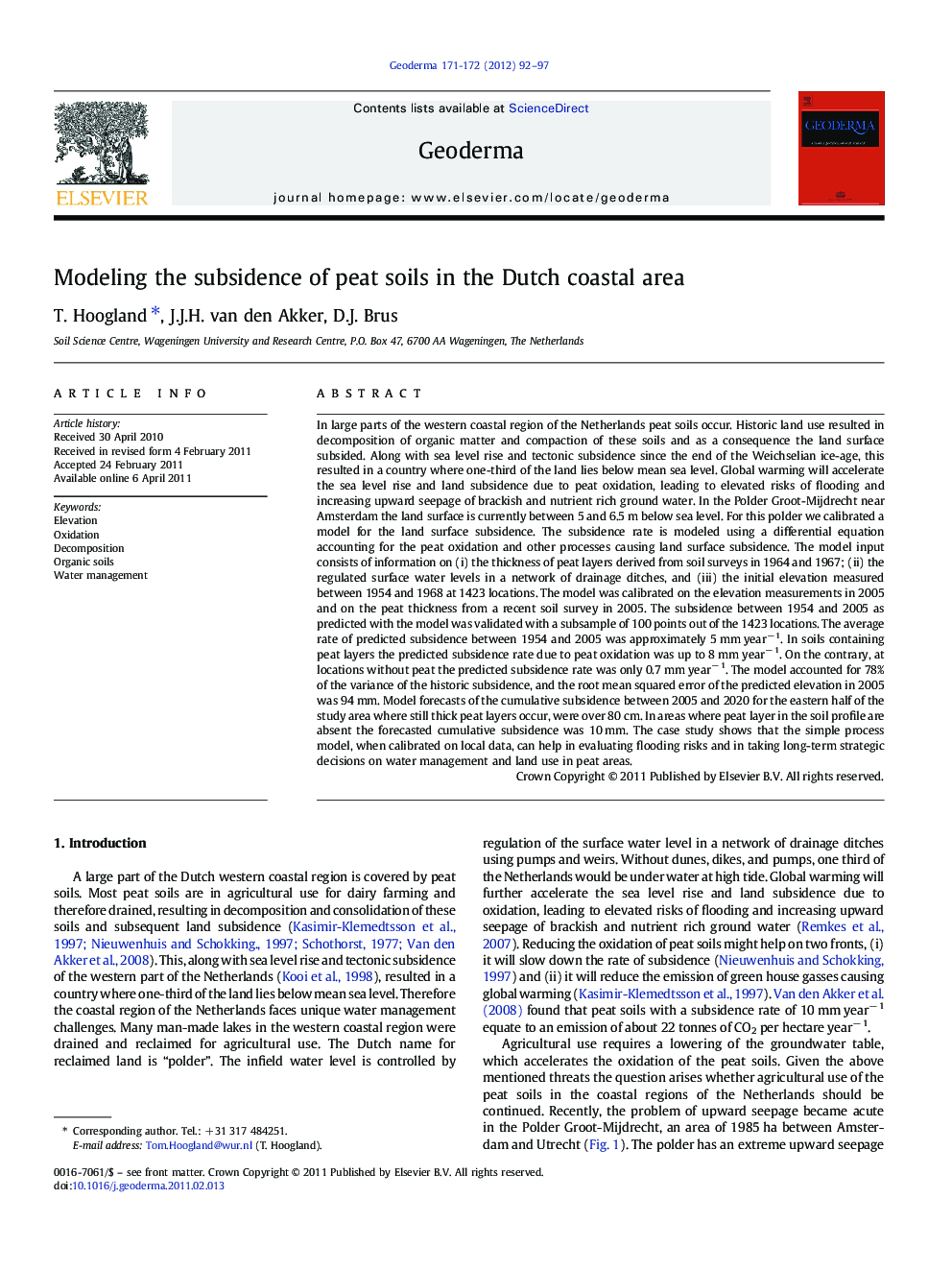 Modeling the subsidence of peat soils in the Dutch coastal area