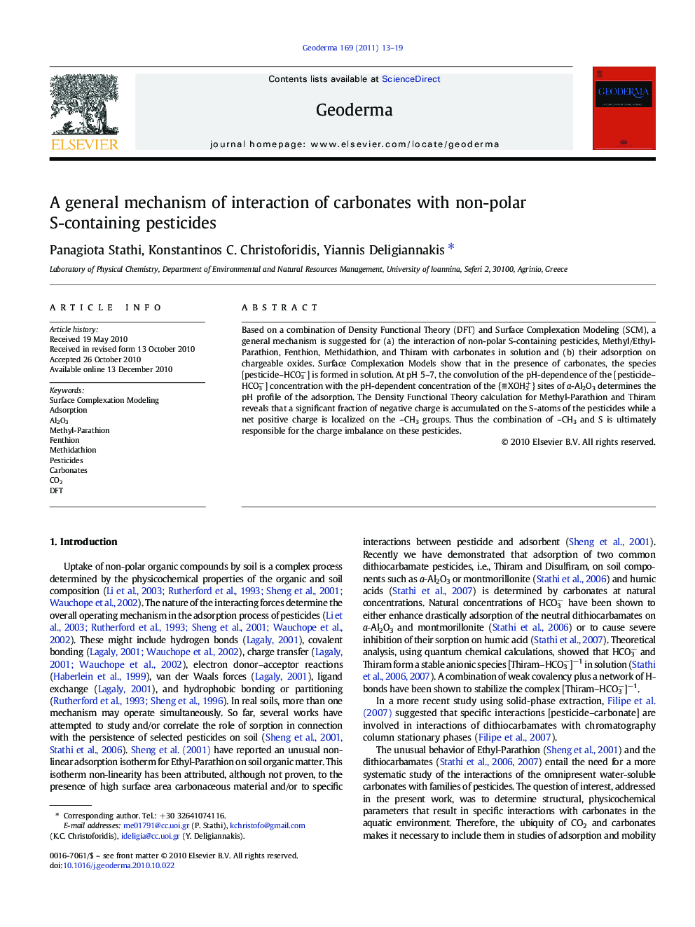 A general mechanism of interaction of carbonates with non-polar S-containing pesticides