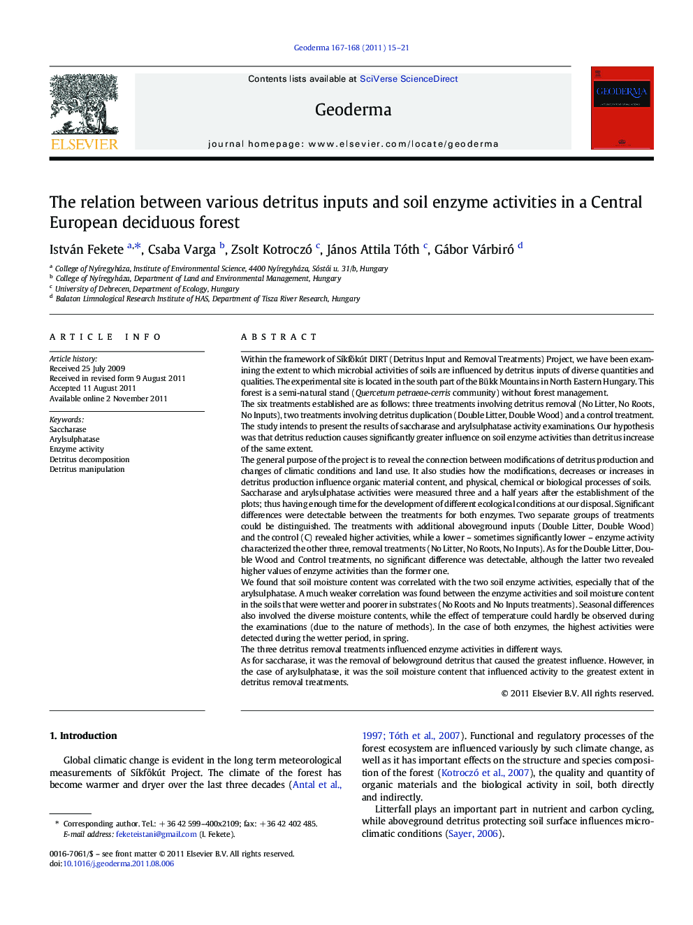 The relation between various detritus inputs and soil enzyme activities in a Central European deciduous forest