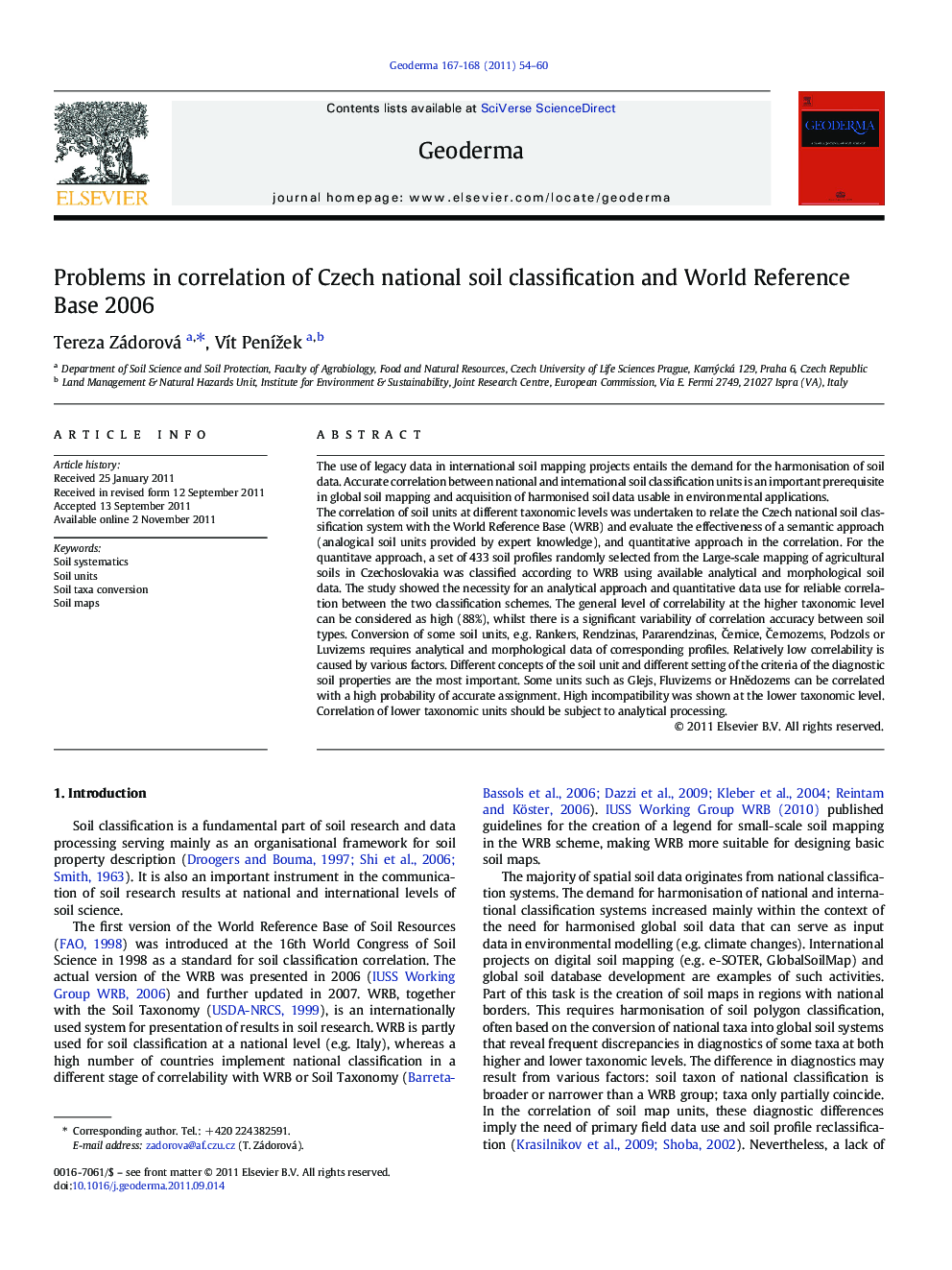 Problems in correlation of Czech national soil classification and World Reference Base 2006