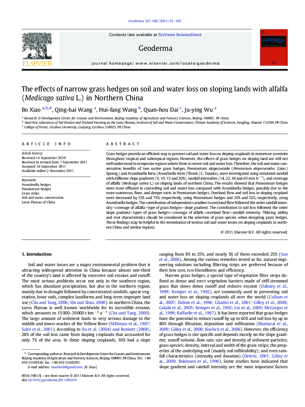 The effects of narrow grass hedges on soil and water loss on sloping lands with alfalfa (Medicago sativa L.) in Northern China