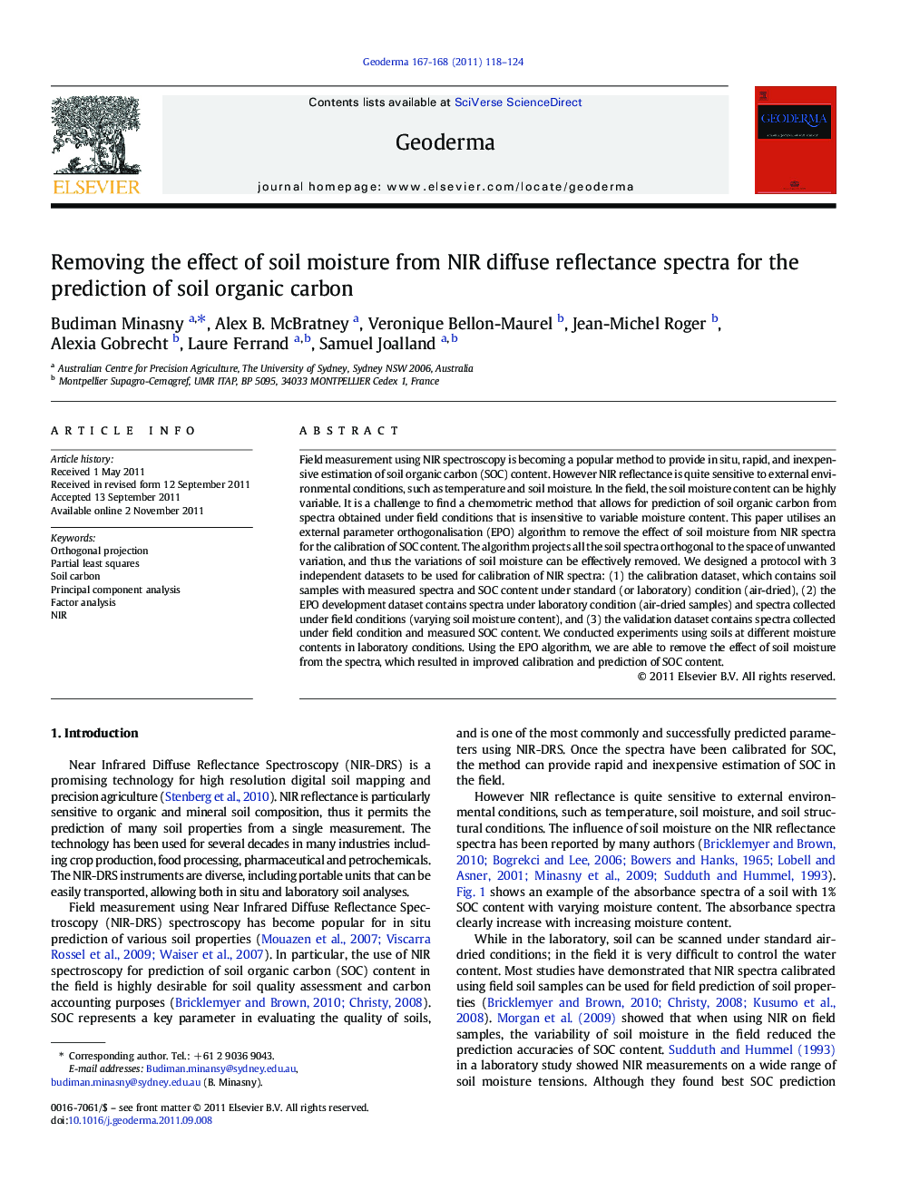 Removing the effect of soil moisture from NIR diffuse reflectance spectra for the prediction of soil organic carbon