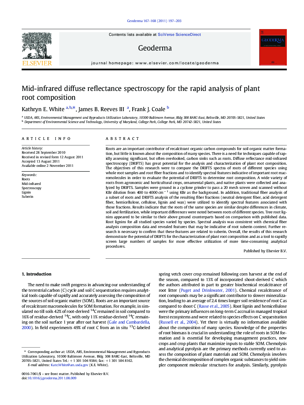 Mid-infrared diffuse reflectance spectroscopy for the rapid analysis of plant root composition