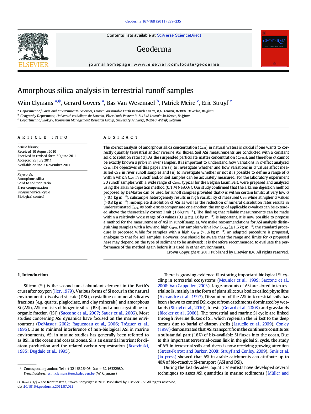 Amorphous silica analysis in terrestrial runoff samples