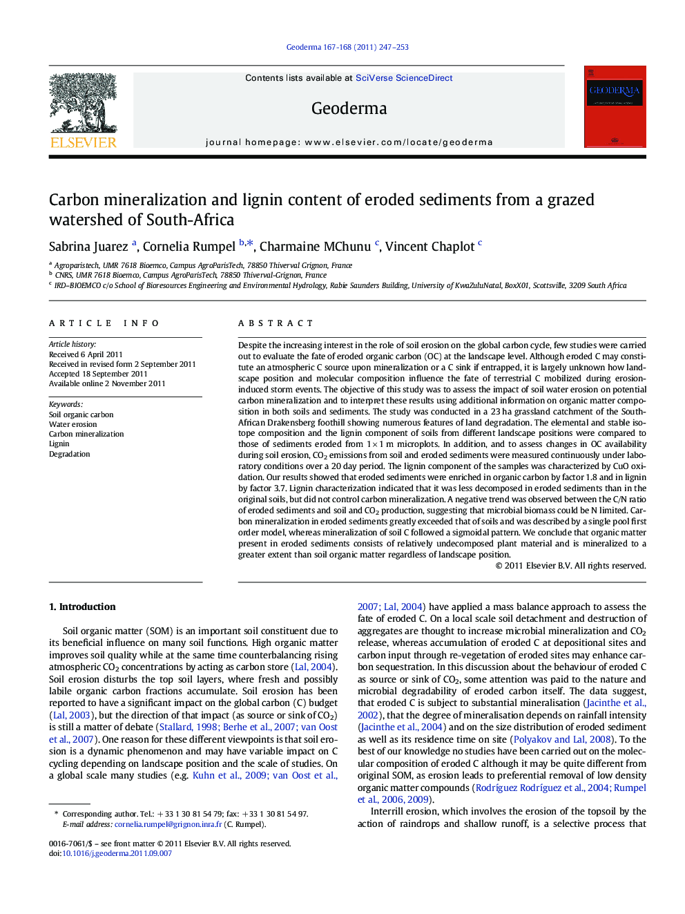 Carbon mineralization and lignin content of eroded sediments from a grazed watershed of South-Africa