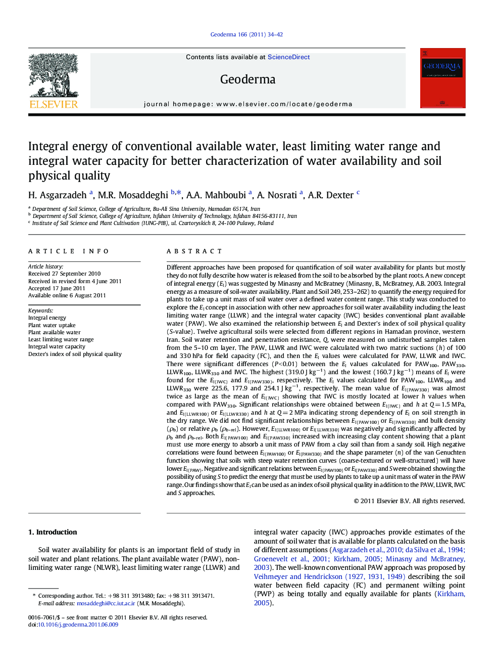 Integral energy of conventional available water, least limiting water range and integral water capacity for better characterization of water availability and soil physical quality