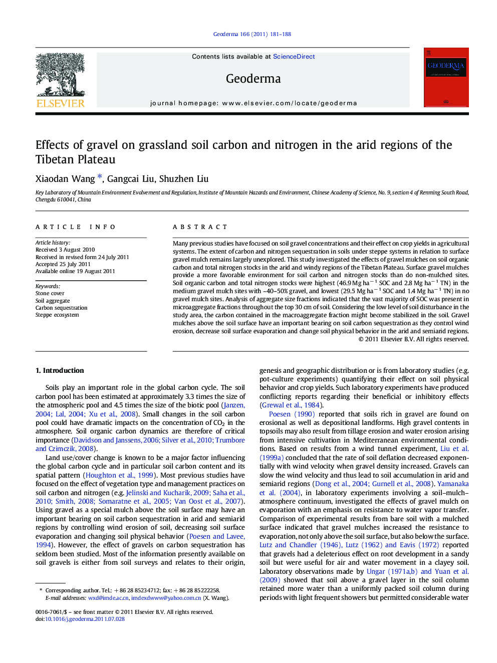 Effects of gravel on grassland soil carbon and nitrogen in the arid regions of the Tibetan Plateau