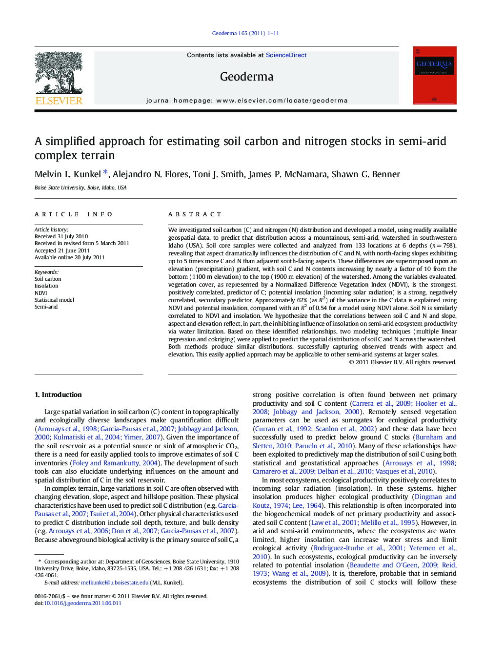 A simplified approach for estimating soil carbon and nitrogen stocks in semi-arid complex terrain