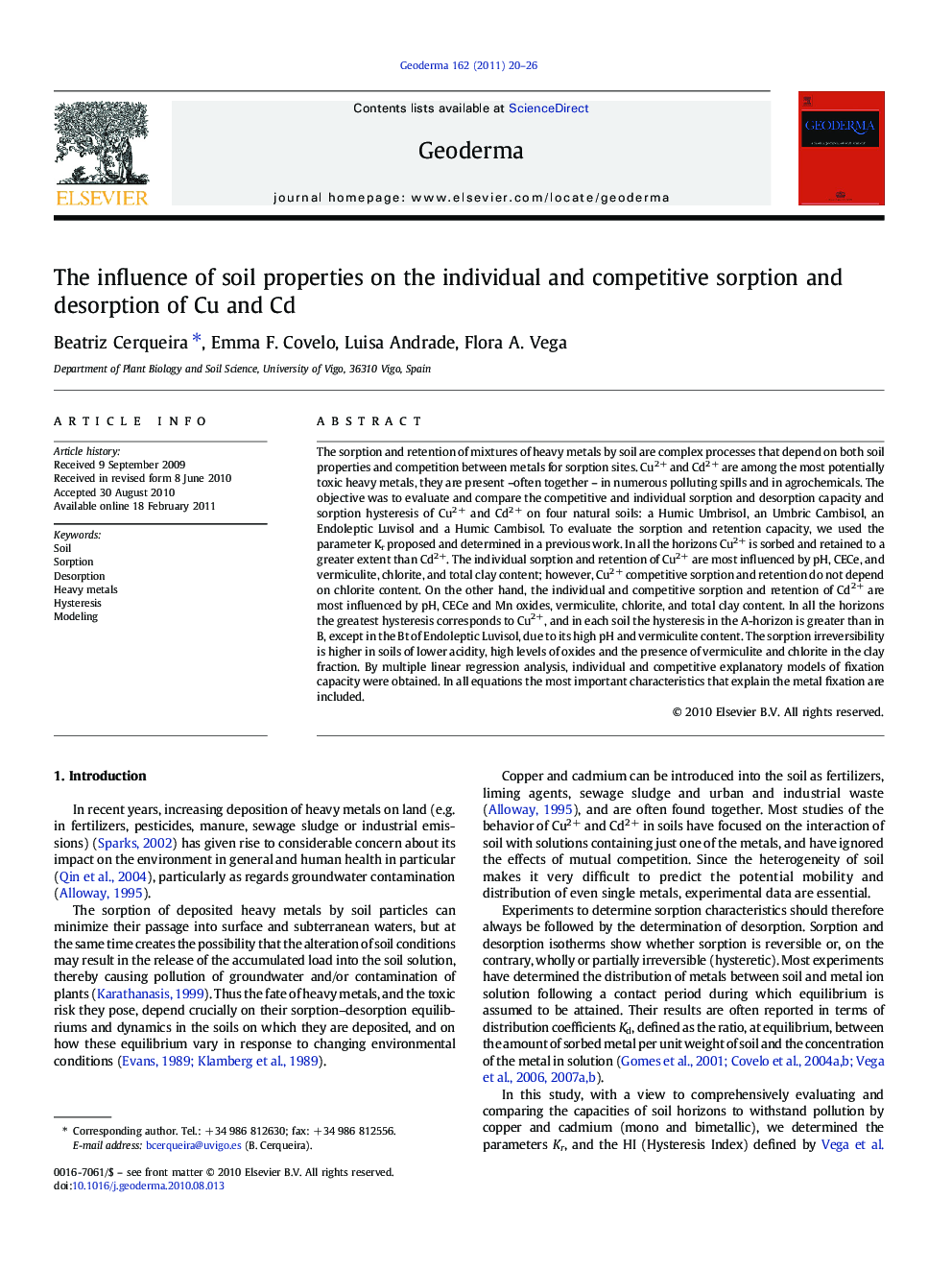 The influence of soil properties on the individual and competitive sorption and desorption of Cu and Cd